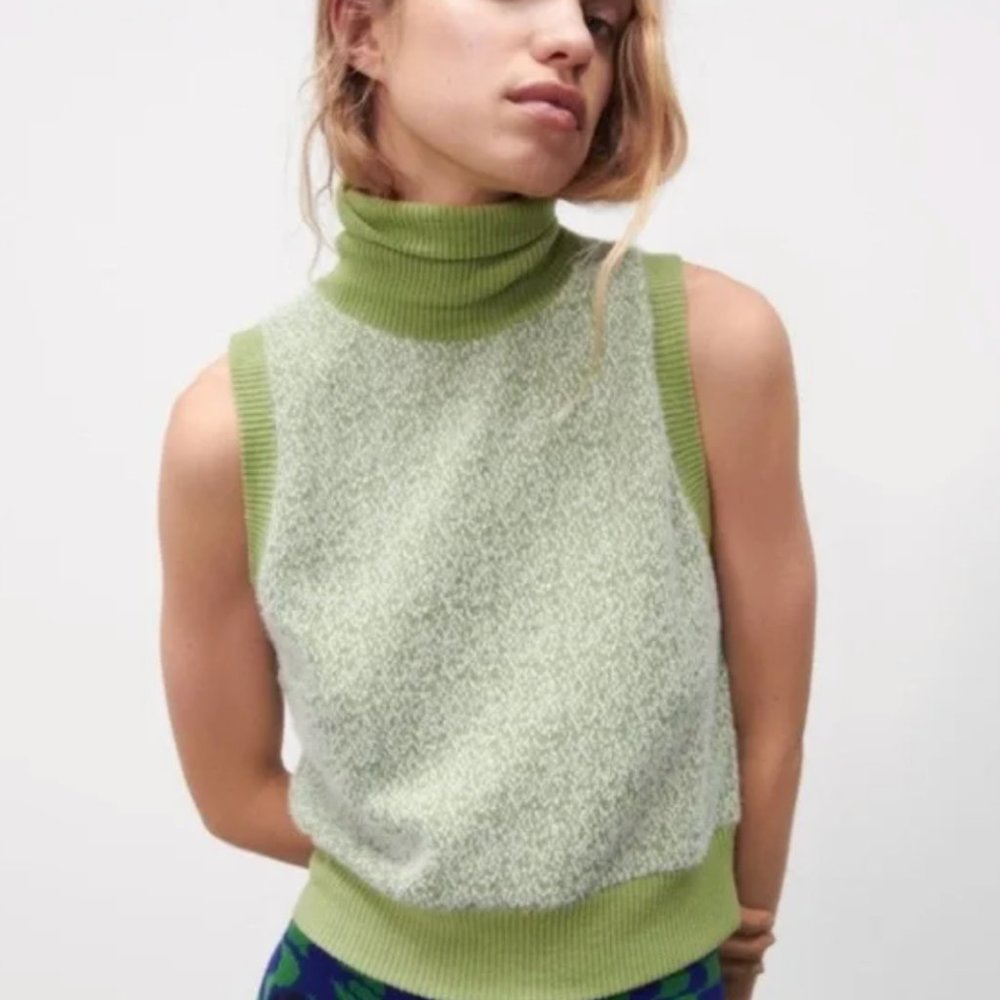 Zara turtleneck tank knit green | Zara Faux Fur Jacquard top